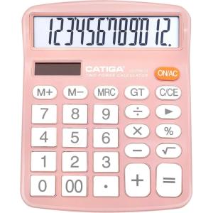 imageCATIGA Desktop Calculator 12 Digit with Large LCD Display and Sensitive Button Solar and Battery Dual Power Standard Function for Office Home School CD2786Light Pink