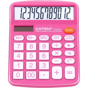 imageCATIGA Desktop Calculator 12 Digit with Large LCD Display and Sensitive Button Solar and Battery Dual Power Standard Function for Office Home School CD2786Pink