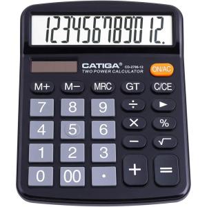 imageCATIGA Desktop Calculator 12 Digit with Large LCD Display and Sensitive Button Solar and Battery Dual Power Standard Function for Office Home School CD2786Black