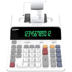 imageCATIGA 12 Digit Thermal Printing Calculator with Tape Print Out InkFree Adding Machine 5X Faster Quite at 80 LPS Extra Large Fluorescent Display Tax Calculation with Clock and Calendar SP2401Thermal White