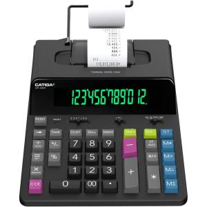 imageCATIGA 12 Digit Thermal Printing Calculator with Tape Print Out InkFree Adding Machine 5X Faster Quite at 80 LPS Extra Large Fluorescent Display Tax Calculation with Clock and Calendar SP2401Thermal Black